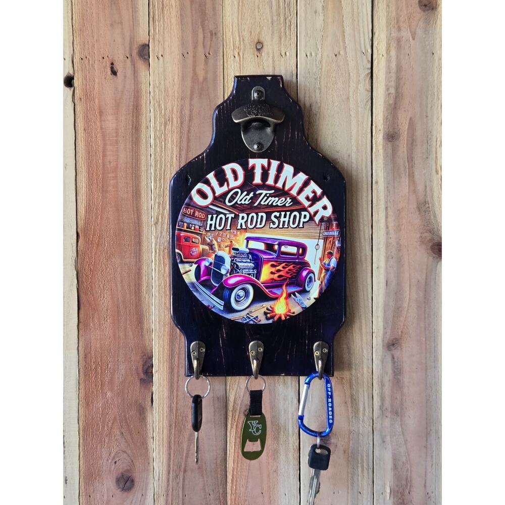Hot Rod Shop Solid Wood Wall Mount Plaque with Bottle Opener and Hooks
